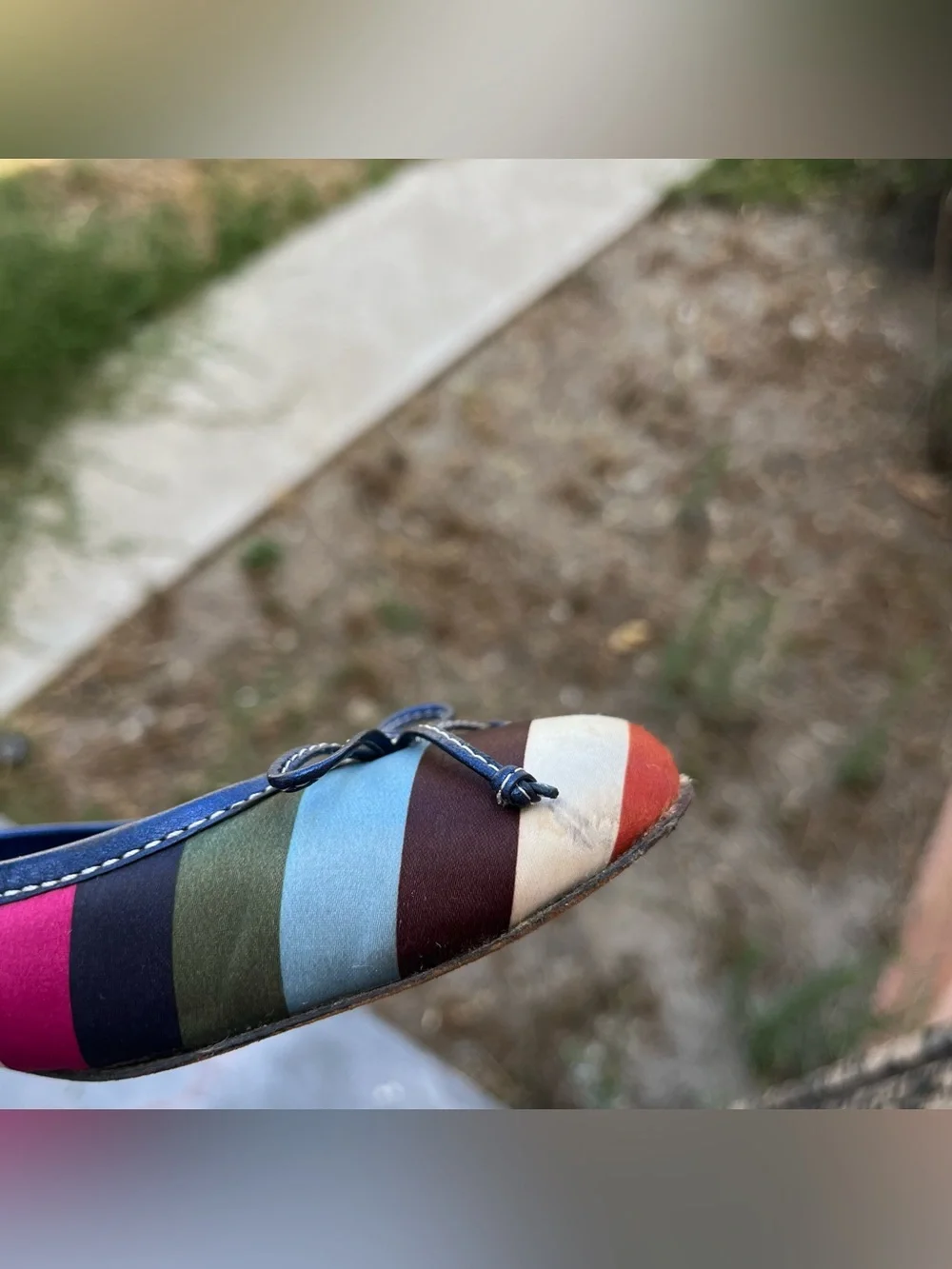 Vintage Y2K Coach Legacy Striped Satin Ballet Flats with a Small Bow Detail.